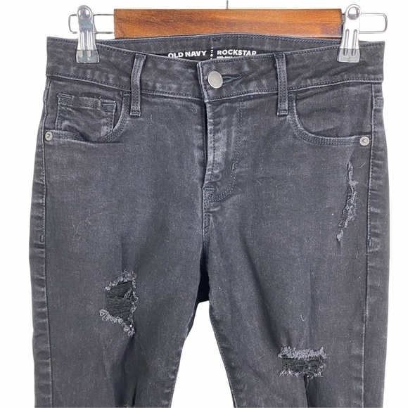 Old Navy Rockstar Distressed Raw Hem Skinny Jeans Women's 2 Black Mid Rise - Picture 4 of 9
